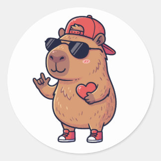 Sticker Rond Cool Capybara ASL I Love You Sign Valentine