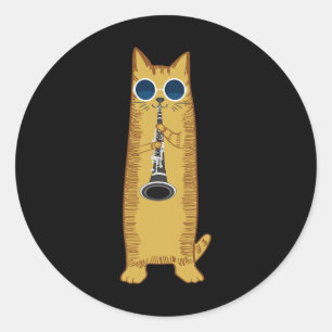 Sticker Rond Cool Cat Playing The Clarinet Design Hippy Hipster