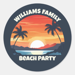 Sticker Rond Cool Custom Sunrise Palm Trees Beach Party Blue