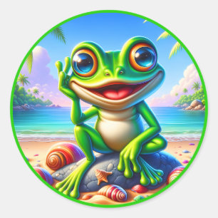 Sticker Rond Cool Été amoureux de grenouille plage Classique
