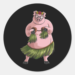 Sticker Rond Cool Hawaiian Luau Pig Funny Boar Lover Hula Danci