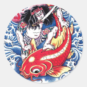 Sticker Rond Cool japonais Samurai Koi Carp tatouage rouge