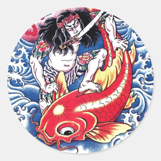 Sticker Rond Cool japonais Samurai Koi Carp tatouage rouge (Devant)