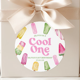 Sticker Rond Cool One Pink Retro Popsicle 1er anniversaire