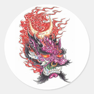 Sticker Rond Cool Oriental Demon Dragon Visage tatouage autocol