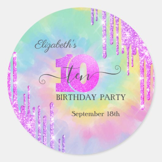 Sticker Rond Cool Parties scintillant gouttes Tie Dye 10e anniv (Devant)