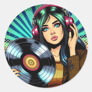 Sticker Rond Cool Pop Art Comic Style Girl avec Album de Vinyl