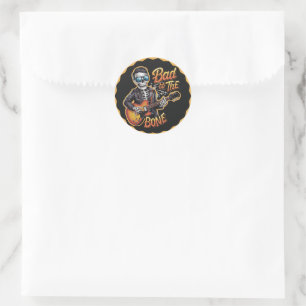 Sticker Rond Cool Skeleton Bad to the Bone avec guitare