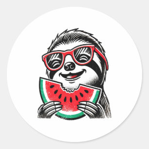 Sticker Rond Cool Sloth Manger de la pastèque