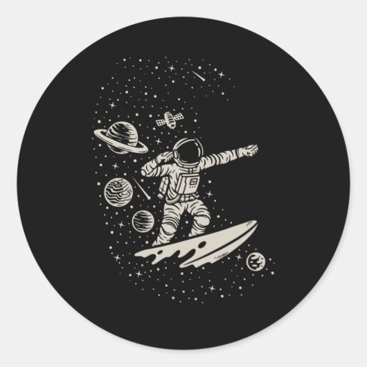 Sticker Rond Cool Surf Astronaut Planètes spatiales Cosmonaute (Devant)