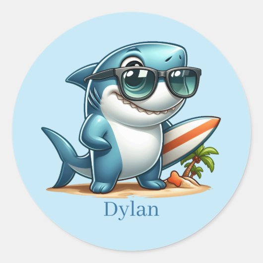 Sticker Rond Cool surf requin ajouter nom (Devant)