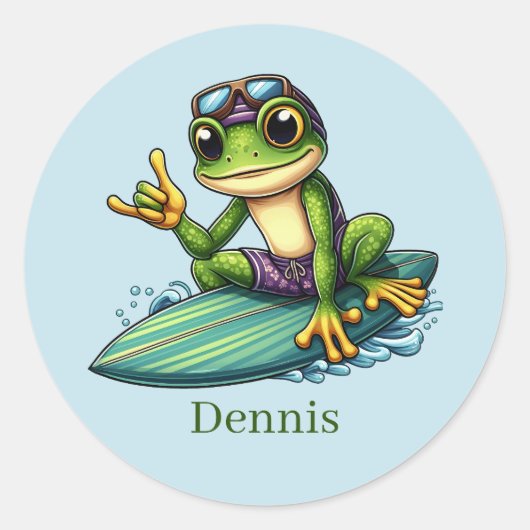Sticker Rond Cool surfeur grenouille ajouter nom (Devant)