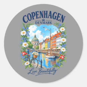 Sticker Rond Copenhague Ville Danemark Drapeau Nyhavn Voyage Fl