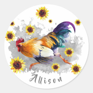 Sticker Rond Coq avec tournesol Personnalisé Classique Rond