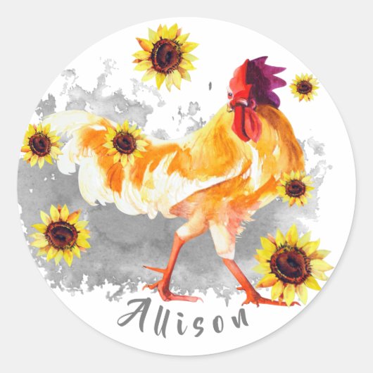 Sticker Rond Coq avec tournesol Personnalisé Classique Rond (Devant)
