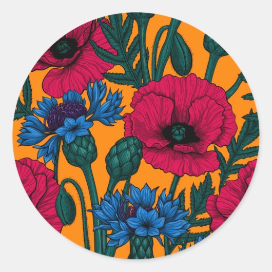 Sticker Rond Coquelicots rouges et fleurs de maïs bleues sur or (Devant)