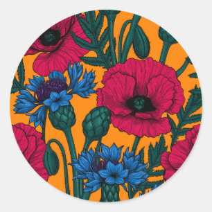 Sticker Rond Coquelicots rouges et fleurs de maïs bleues sur or