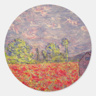 Sticker Rond coquelicots rouges et grange pourpre
