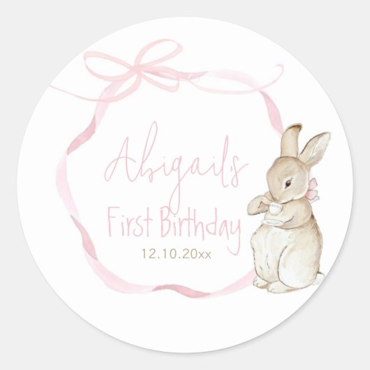 Sticker Rond Coquet rose Pierre le lapin 1er Bir 1er Anniversai (Devant)