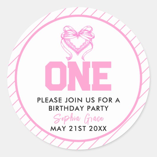 Sticker Rond Coquette à mâchoires roses 1er anniversaire (Devant)