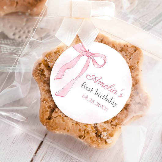 Sticker Rond Coquette Aquarelle rose mignonne Bow Anniversaire