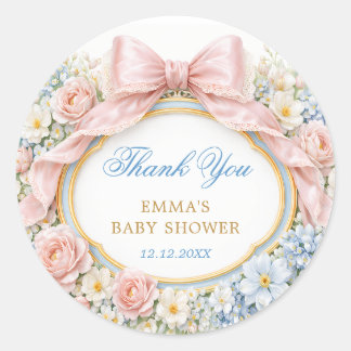 Sticker Rond Coquette Bow Bloom Baby Shower Thank You