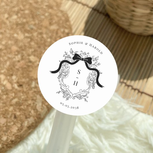 Sticker Rond Coquette Bow Crest Monogramme Mariage français