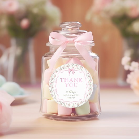 Sticker Rond Coquette Bow fille rose Baby shower Merci