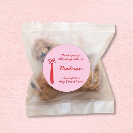 Sticker Rond Coquette Bow Grad Tassel Rose Red 2025 Graduation