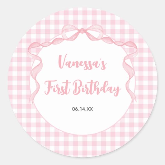 Sticker Rond Coquette Bow rose pâle 1er anniversaire (Devant)