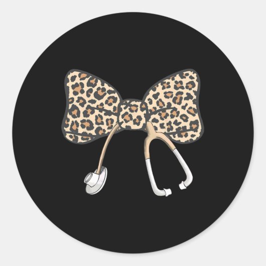 Sticker Rond Coquette Bow Stethoscope Léopard Infirmière inscri (Devant)