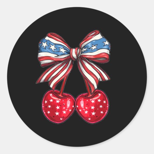 Sticker Rond Coquette Cherry Bow Patriotique Usa Drapeau 4 juil (Devant)