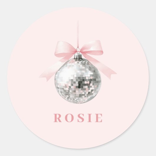 Sticker Rond Coquette personnalisée Disco Ball rose ruban (Devant)