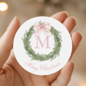 Sticker Rond Coquette Pink Bow Monogram Wreath Noël