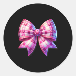 Sticker Rond Coquette Pink Et White Bow Plaid Valentine Bow Wi