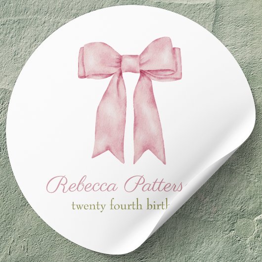 Sticker Rond Coquette Rose Aquarelle Bow Fête Anniversaire