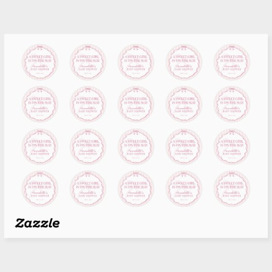 Sticker Rond Coquette rose Bow Pastel Baby shower Invitation Sc (Feuille)
