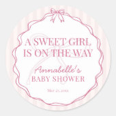 Sticker Rond Coquette rose Bow Pastel Baby shower Invitation Sc (Devant)