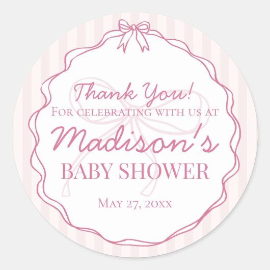 Sticker Rond Coquette Rose Bow Pastel Baby shower rayé Favorise (Devant)