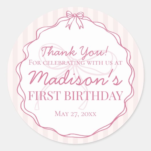 Sticker Rond Coquette Rose Bow Pastel rayé Anniversaire Favoris (Devant)