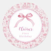 Sticker Rond Coquette Toile rose Bow 1er anniversaire fille (Devant)