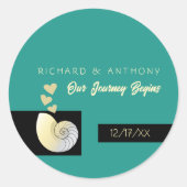Sticker Rond Coquillage et Coeurs, Mariage plage (Devant)