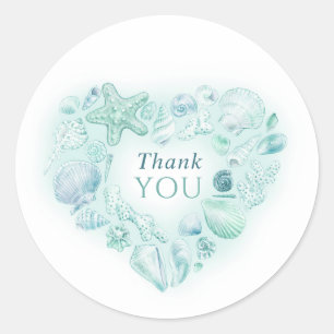 Sticker Rond Coquillages cœur art merci plage aqua mariage