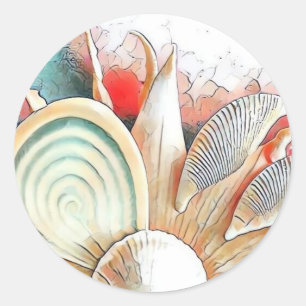 Sticker Rond Coquillages colorés sur une peinture à l'aquarelle