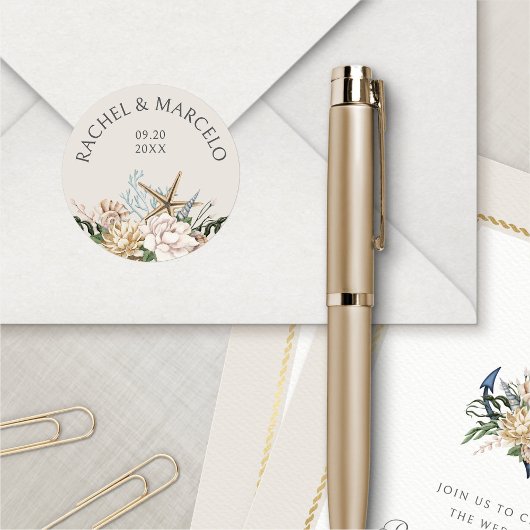Sticker Rond Coquillages de plage Mariage floral