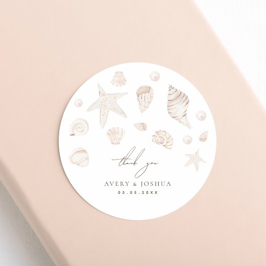 Sticker Rond Coquillages et perles Merci Mariage côtier
