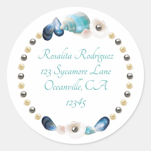 Sticker Rond Coquillages et perles turquoises et bleus Adresse  (Devant)