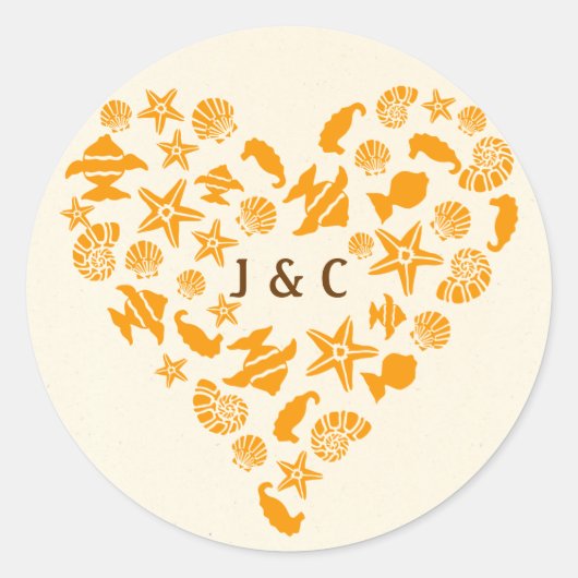 Sticker Rond Coquillages & Starfish Coeur Eté Plage Mariage (Devant)