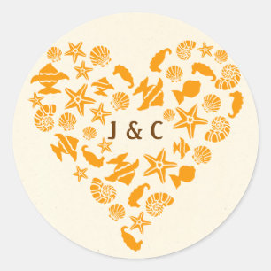 Sticker Rond Coquillages & Starfish Coeur Eté Plage Mariage