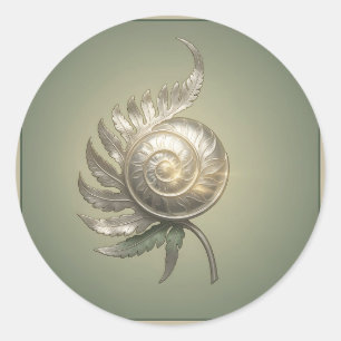 Sticker Rond Coquille de fern en spirale argentée Art Nouveau